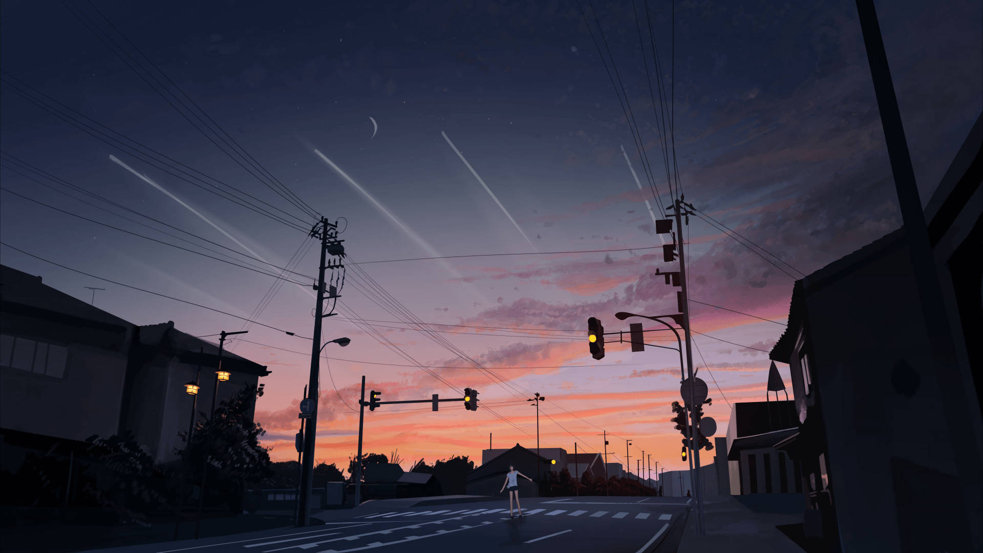 アニメ風夕焼けの街並み MacBook Pro エステティック 壁紙