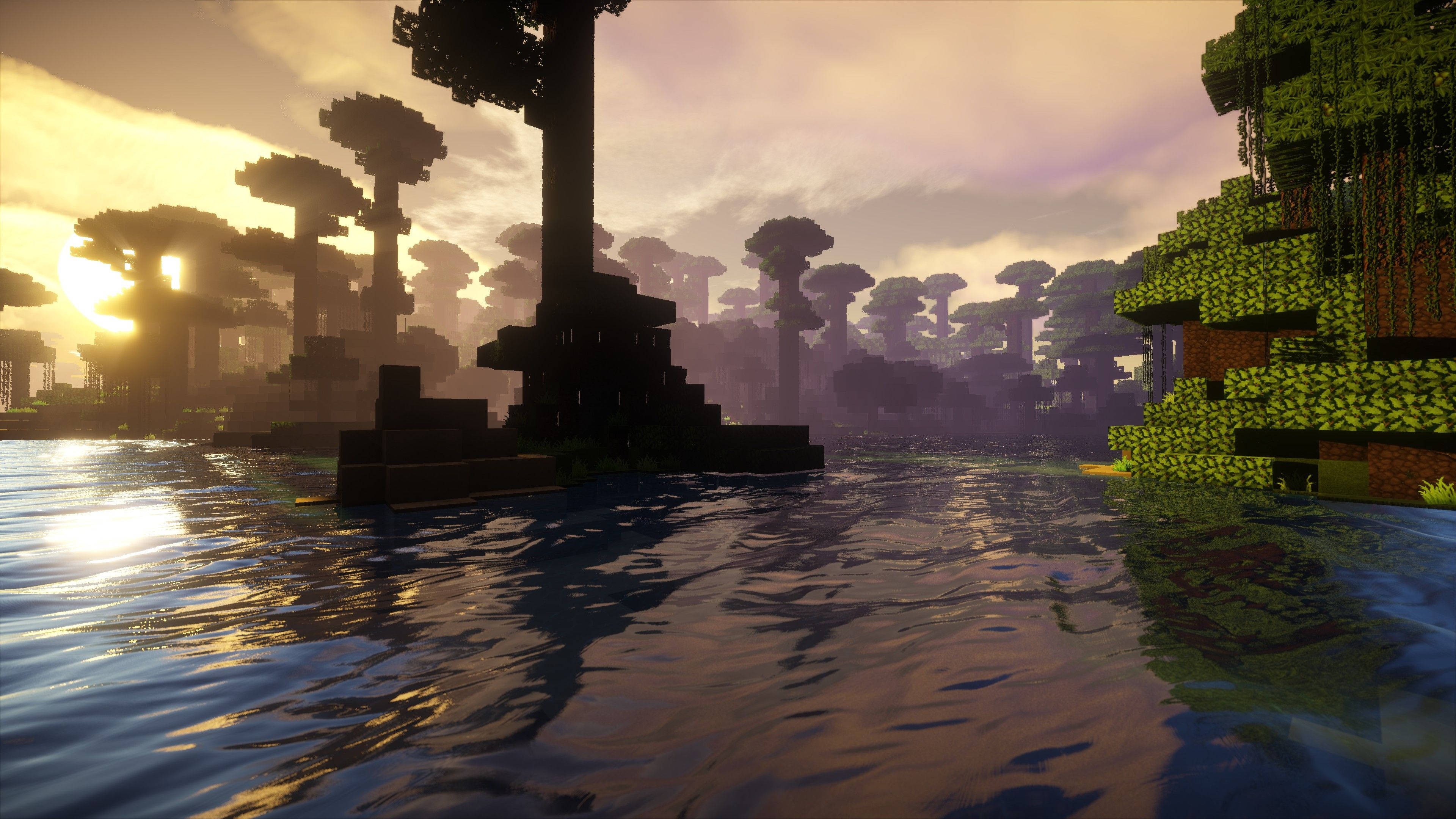 日差しを浴びたMinecraftの森の静かな夕べ 壁紙