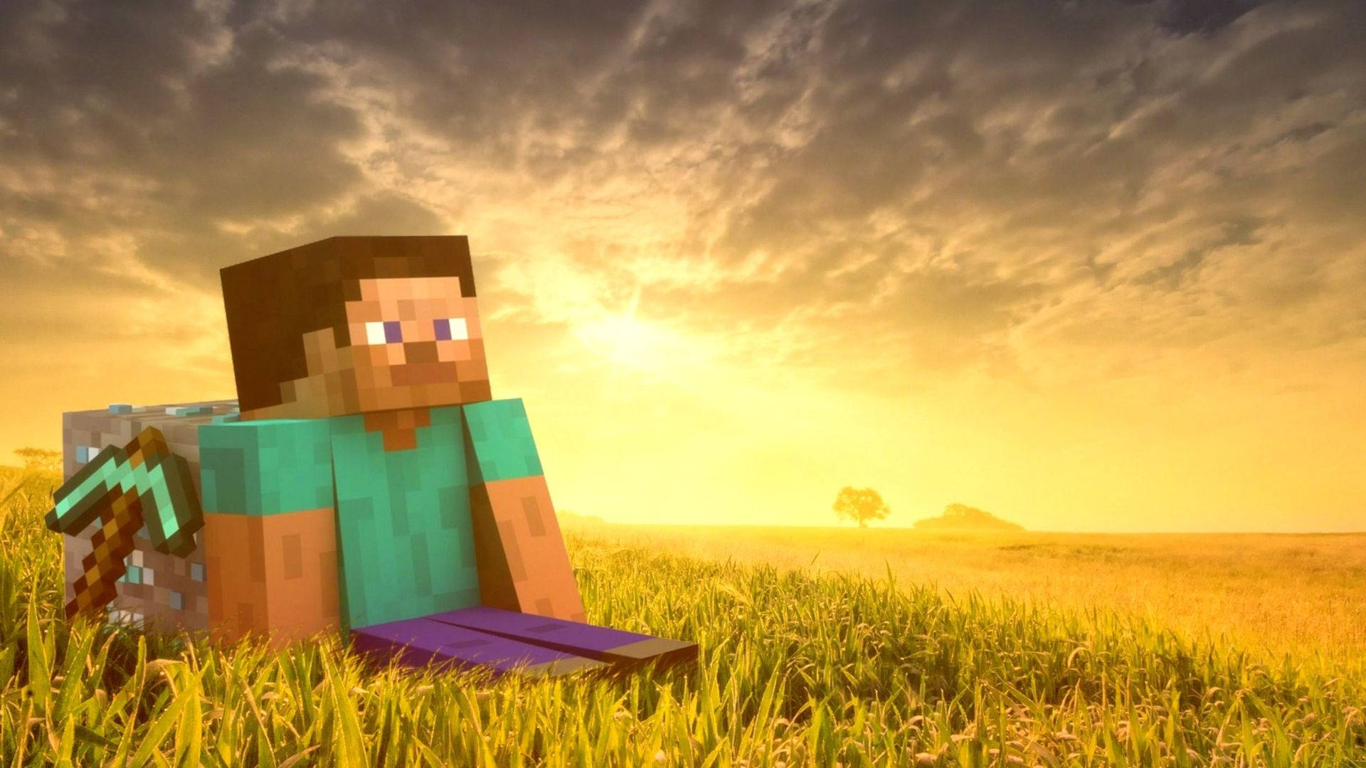 スティーブが草とダイヤモンドの上に座るMinecraft HD 壁紙