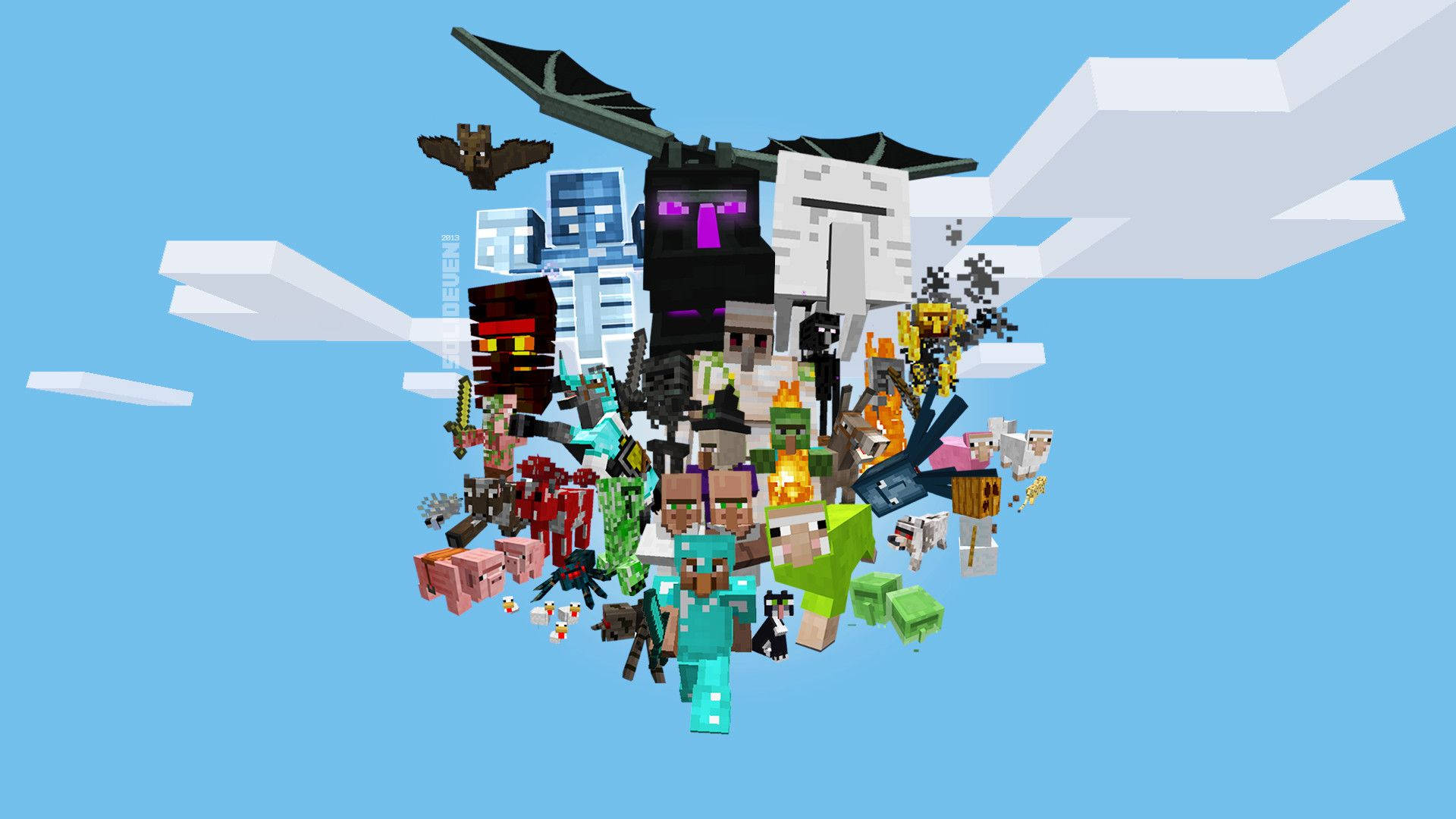 Minecraftの真昼の空に広がるモブの動物園 壁紙