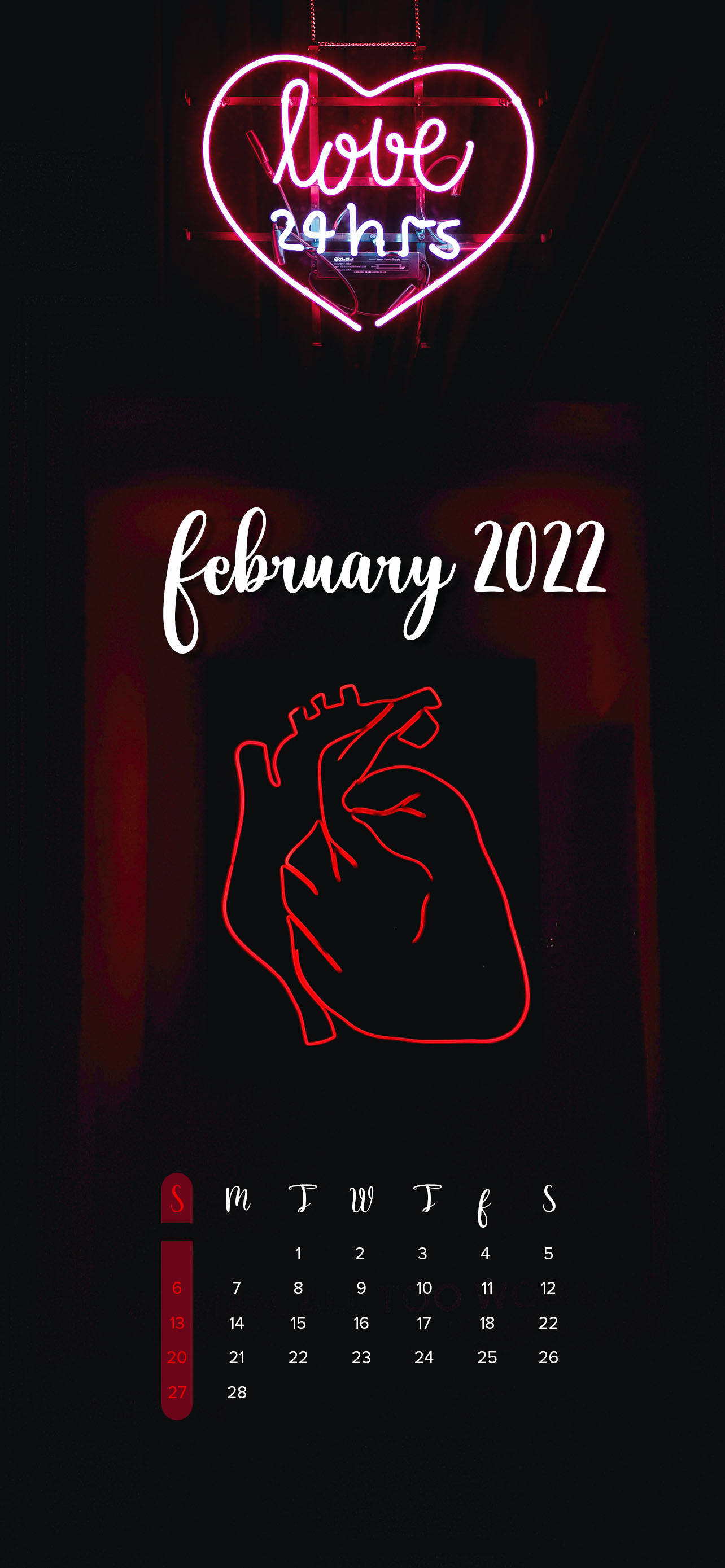 Neon Heart February 2022 Calendar 壁紙