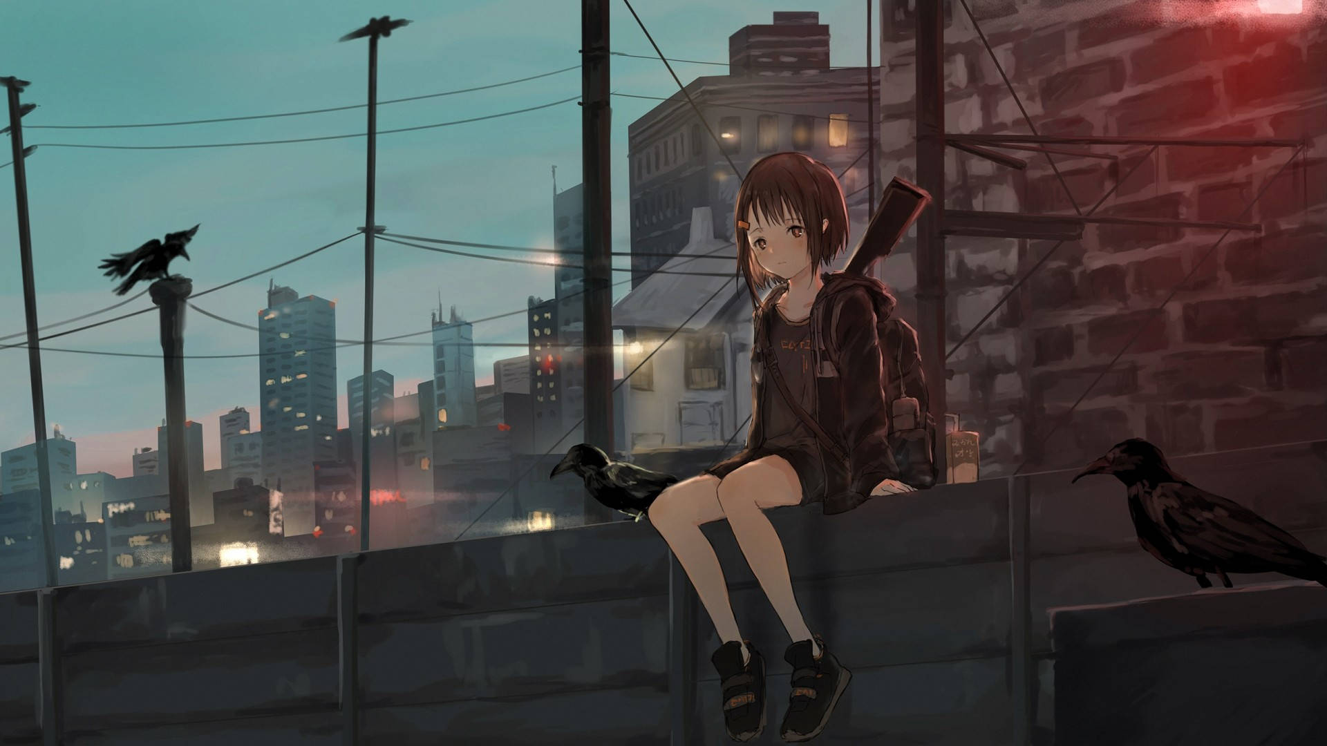 アニメ風フード姿の少女 on the Street 壁紙