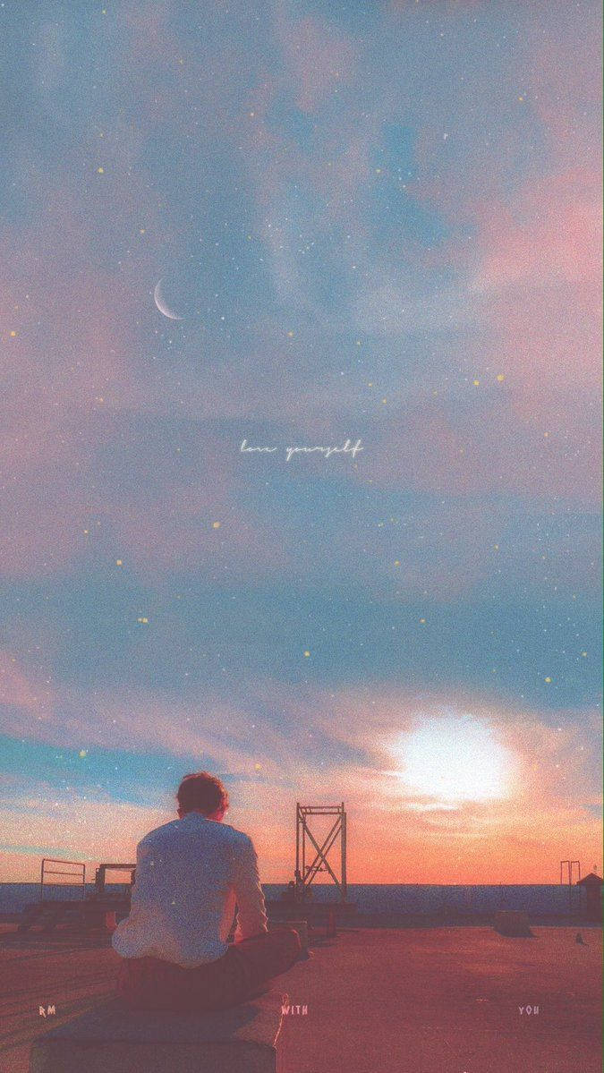 RM（BTS）ピンクの夕焼け アート風 壁紙