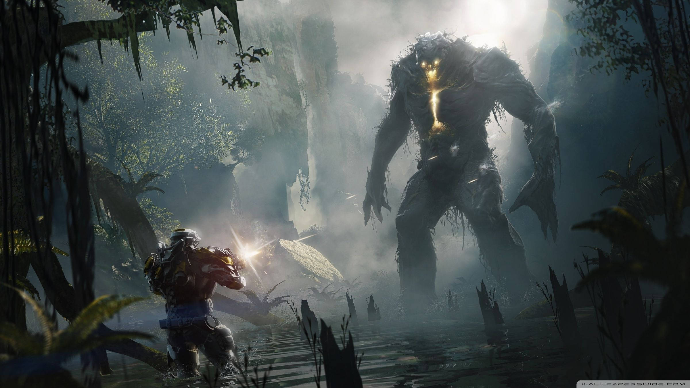 壮大なSFゲーム『Anthem』でのジャベリンと敵との対決。 壁紙