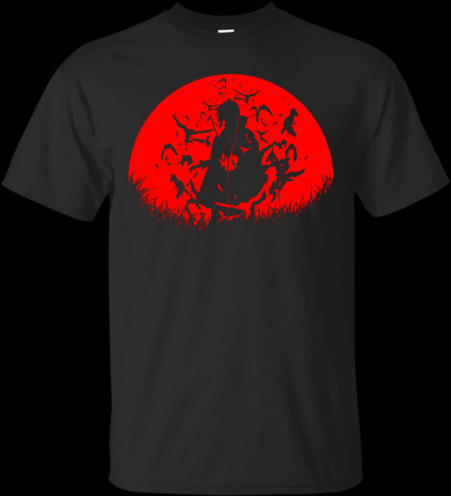 イタチのシルエット赤い月Tシャツ 壁紙