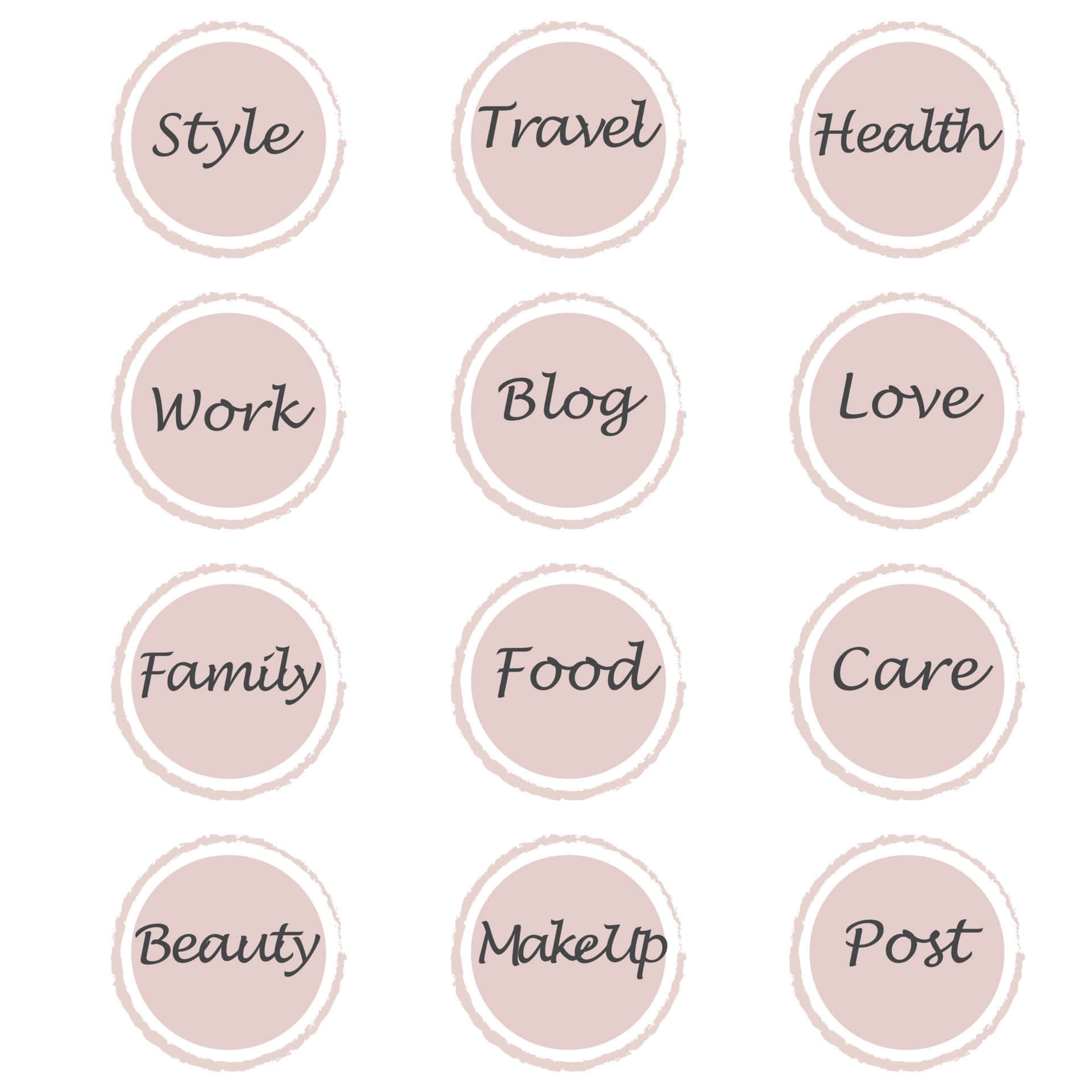 travel、work、food、beautyの文字が入ったピンクの円のセット 壁紙