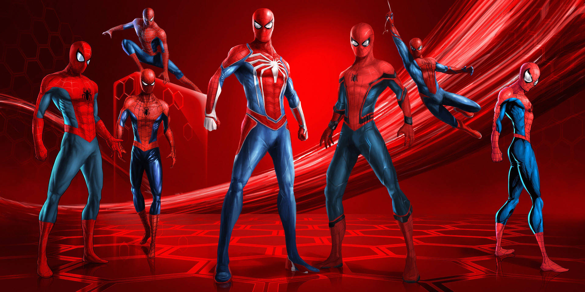 赤い背景に、立ったりぶら下がったりする複数のスパイダーマン、マーベルのスーパーヒーローたち。 — スパイダーマン 壁紙