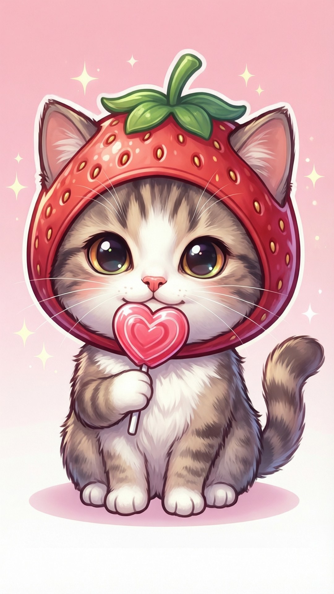 いちご帽子をかぶった猫がロリポップを持っている 壁紙