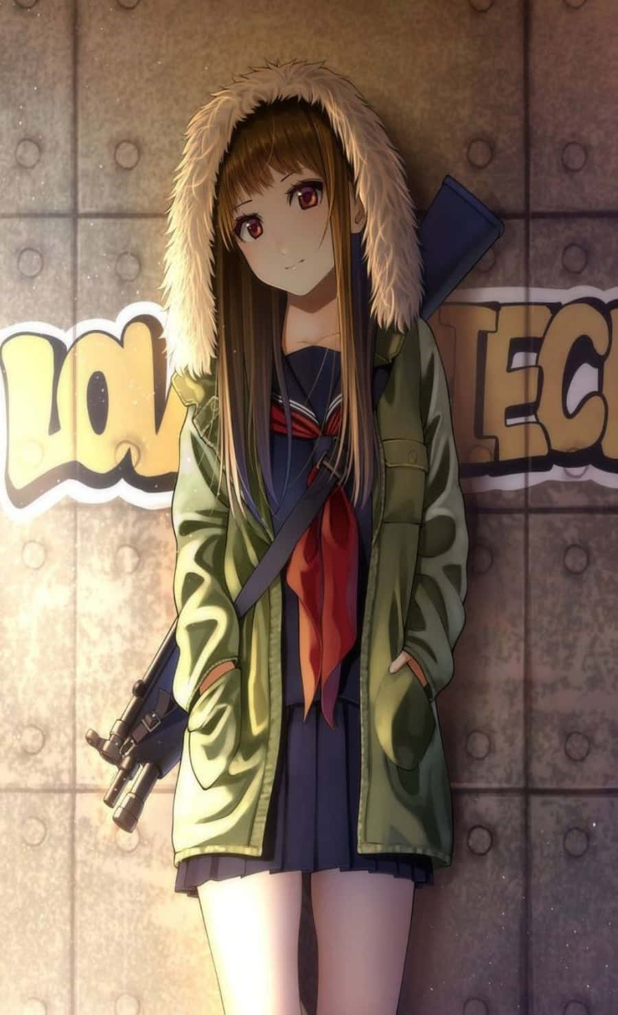 おしゃれなパーカーを着たアニメ少女 壁紙