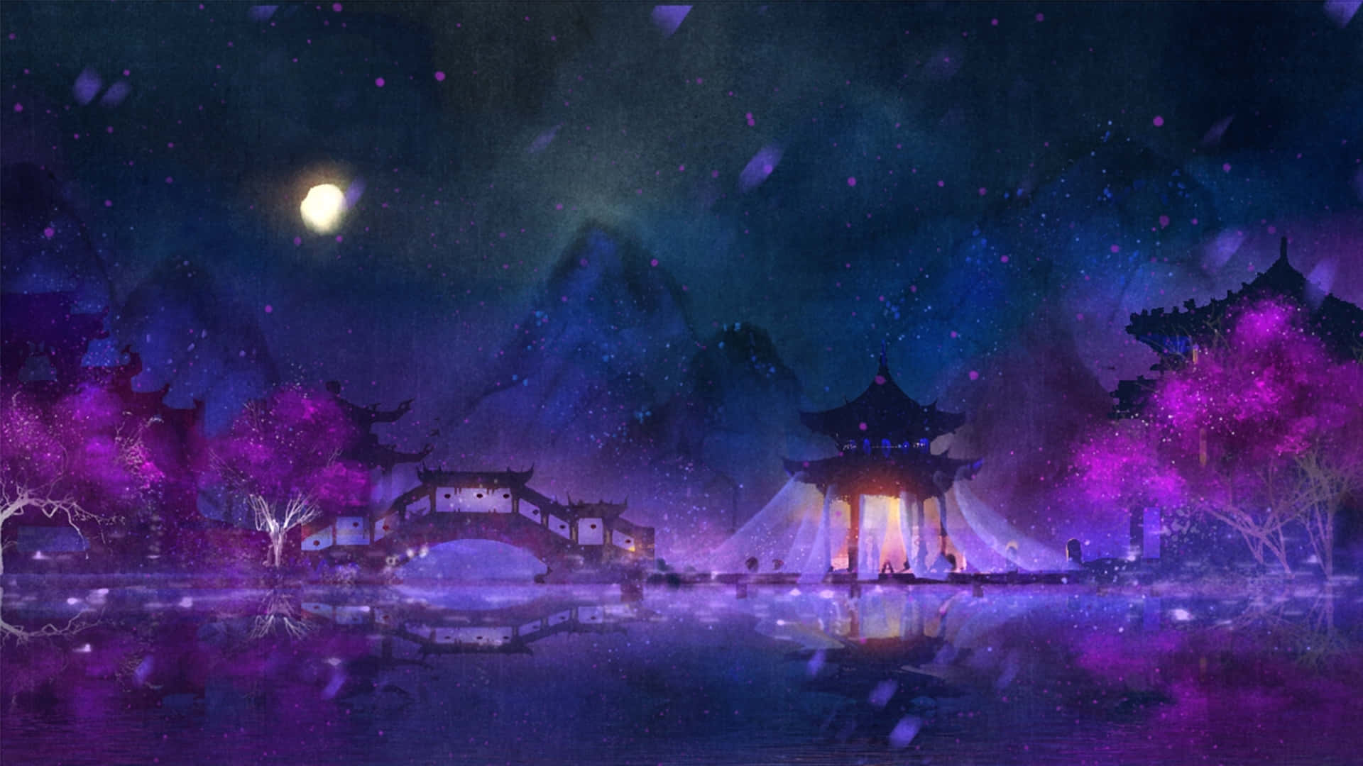 おとぎ話のファンタジー：壮大な紫色のアニメ背景 壁紙
