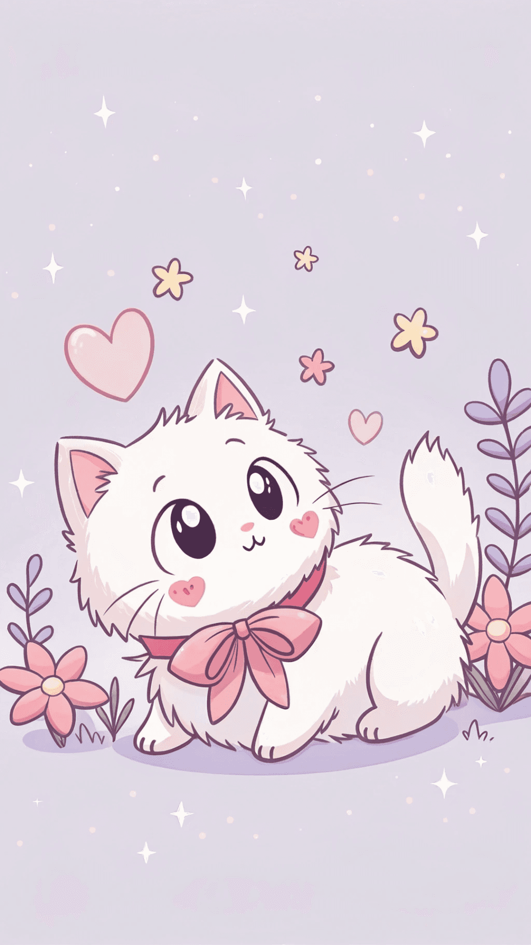 かわいいちび猫のピンクのリボンアート 壁紙