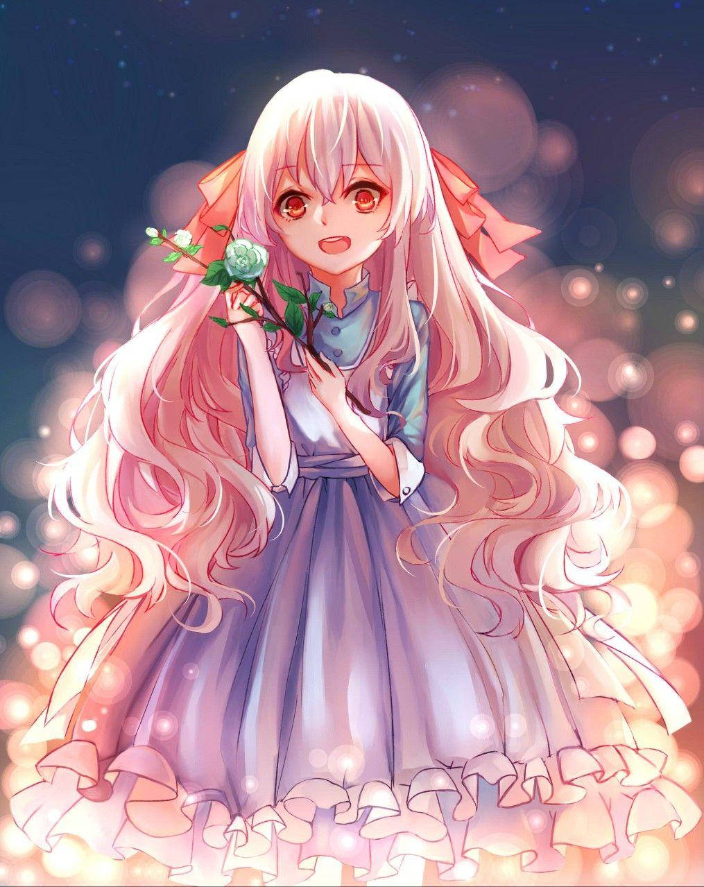 かわいいアニメ マリー小桜が青いバラを抱える 壁紙