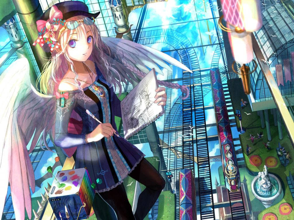 かわいいアニメの天使の羽を持つ少女のイラスト 壁紙