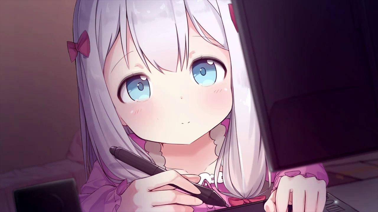 かわいいアニメの女の子がペンで書いている 壁紙