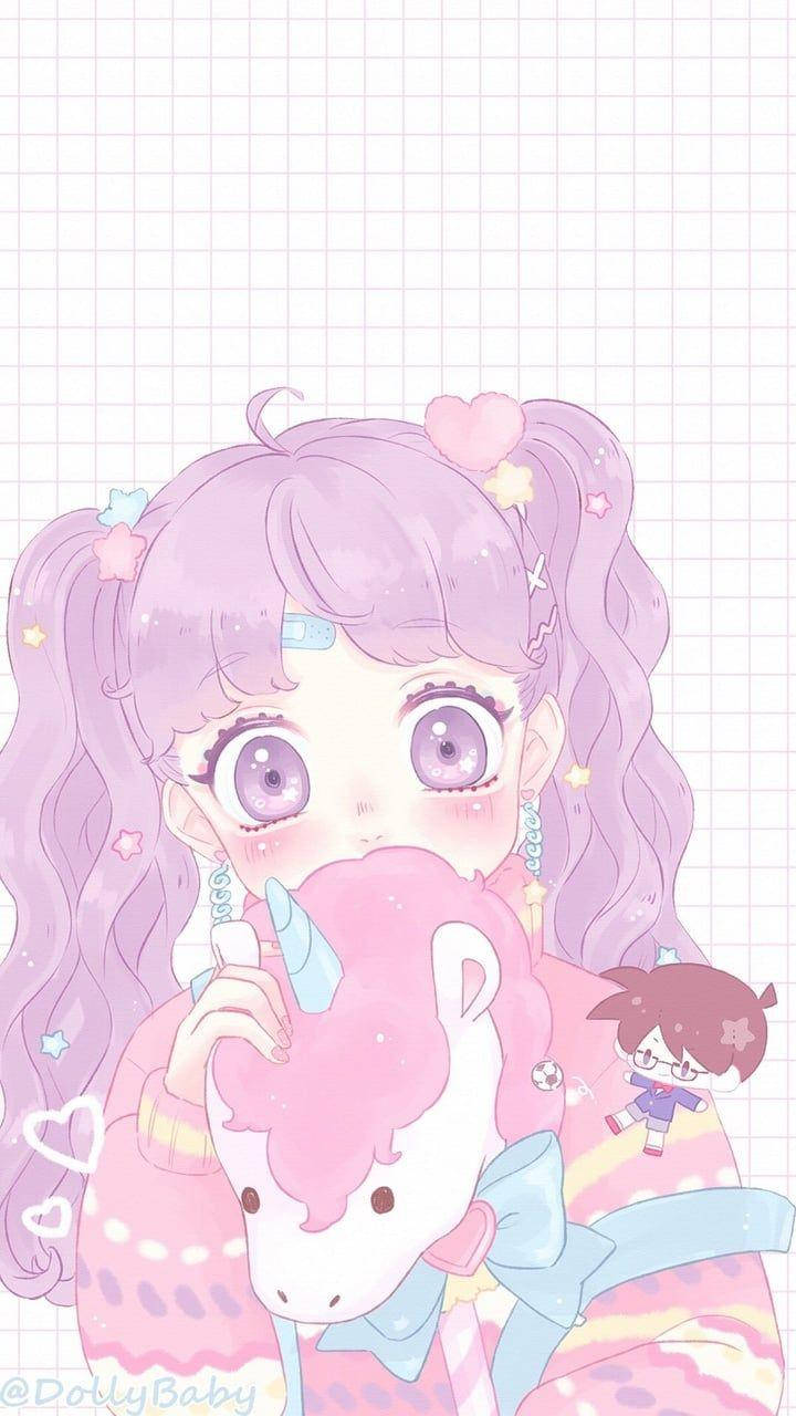 かわいいアニメの女の子とユニコーンのぬいぐるみ 壁紙
