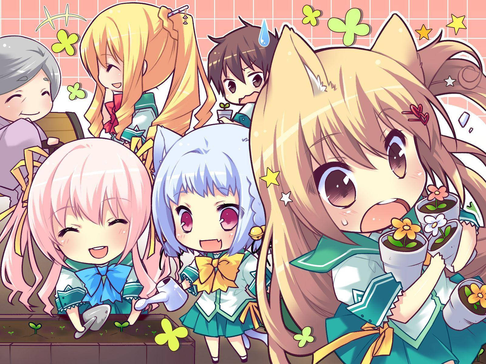 かわいいアニメの学生たちがガーデニング 壁紙