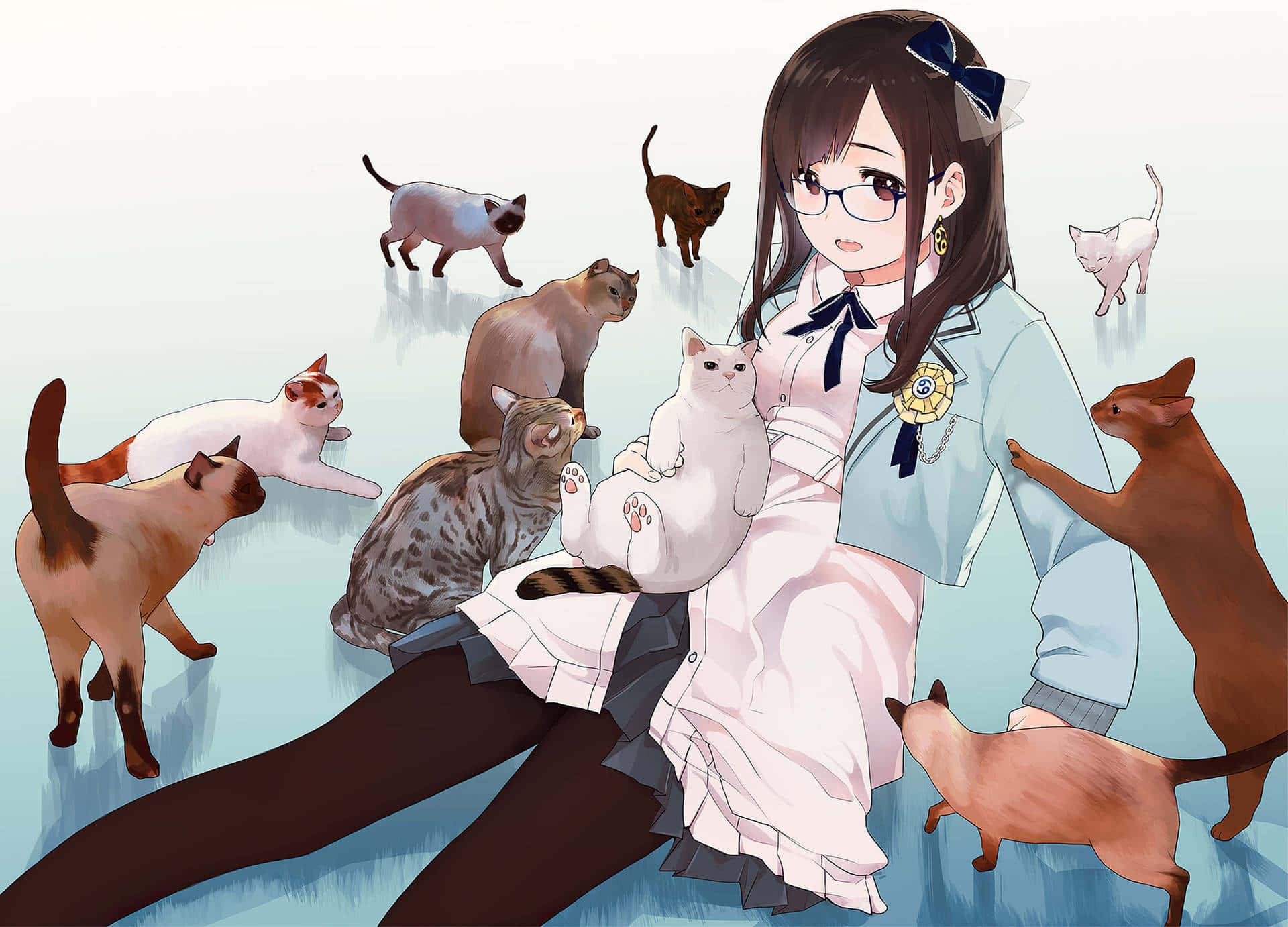 かわいいアニメの猫がチョコレートを楽しんでいる 壁紙