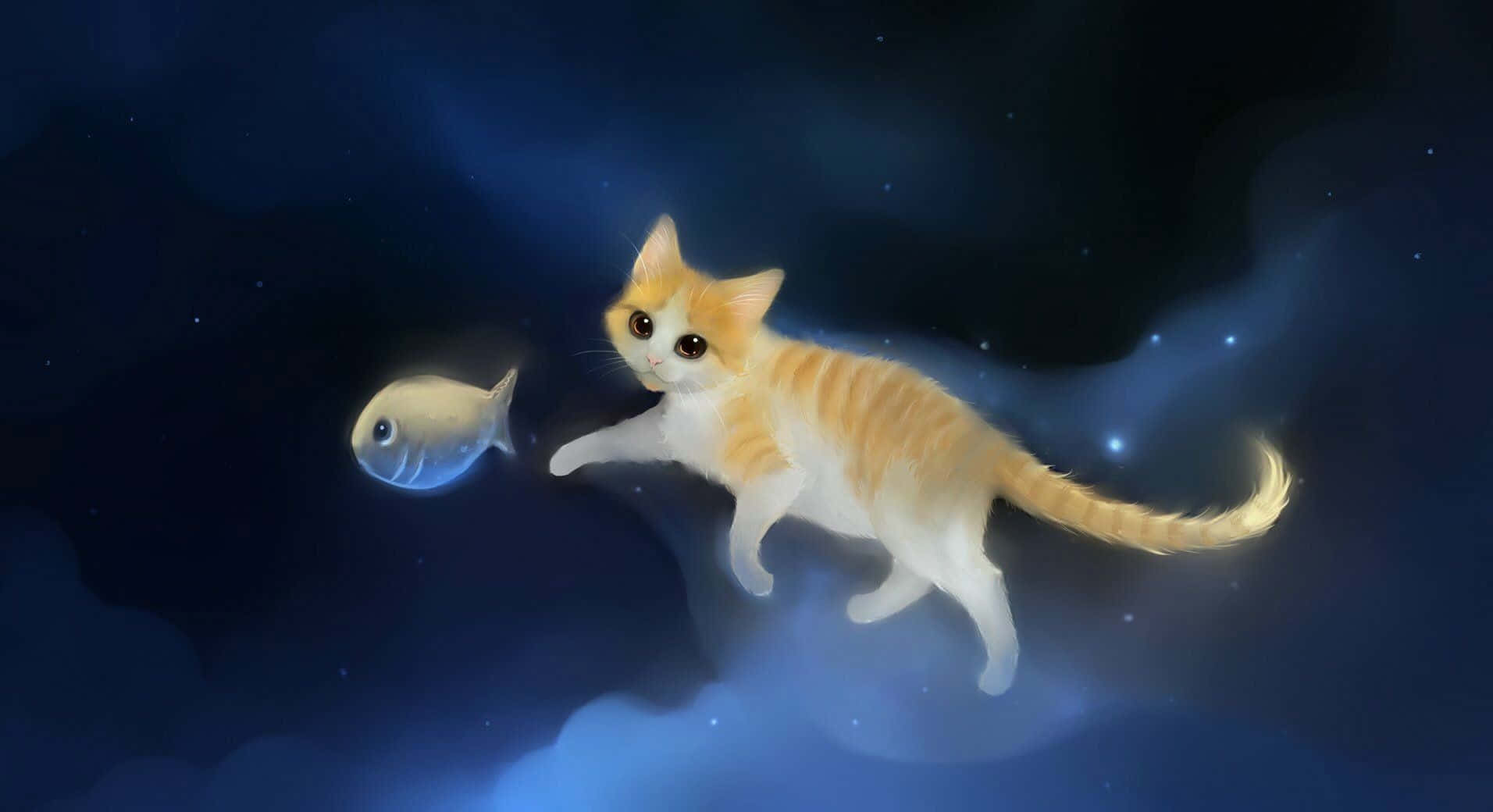 かわいいアニメの猫が蝶と遊んでいる 壁紙