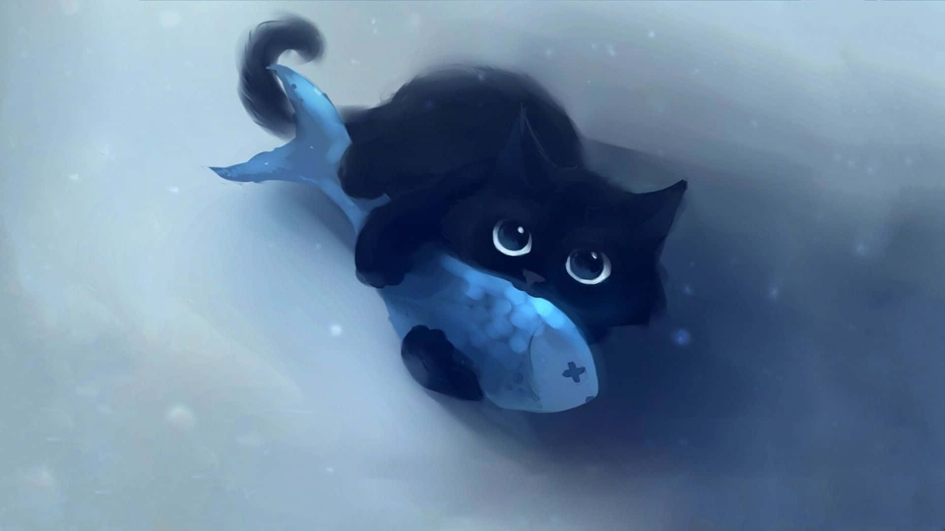 かわいいアニメの猫が魚を抱きしめる 壁紙