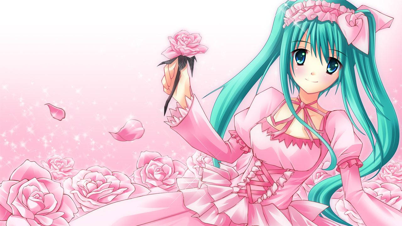 かわいいアニメ初音ミク ピンクのドレスとバラ 壁紙