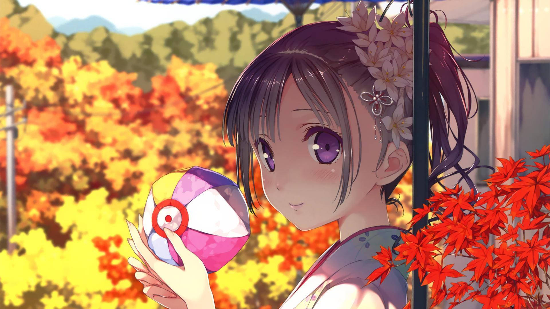 かわいいアニメ少女と紅葉 壁紙