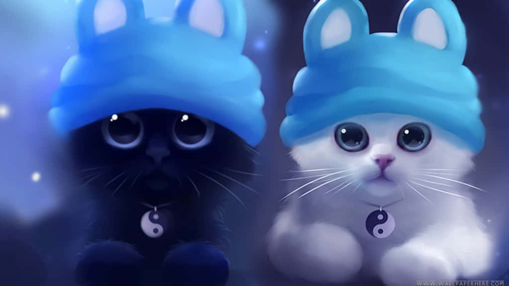 かわいいアニメ猫 うさぎ帽子 壁紙
