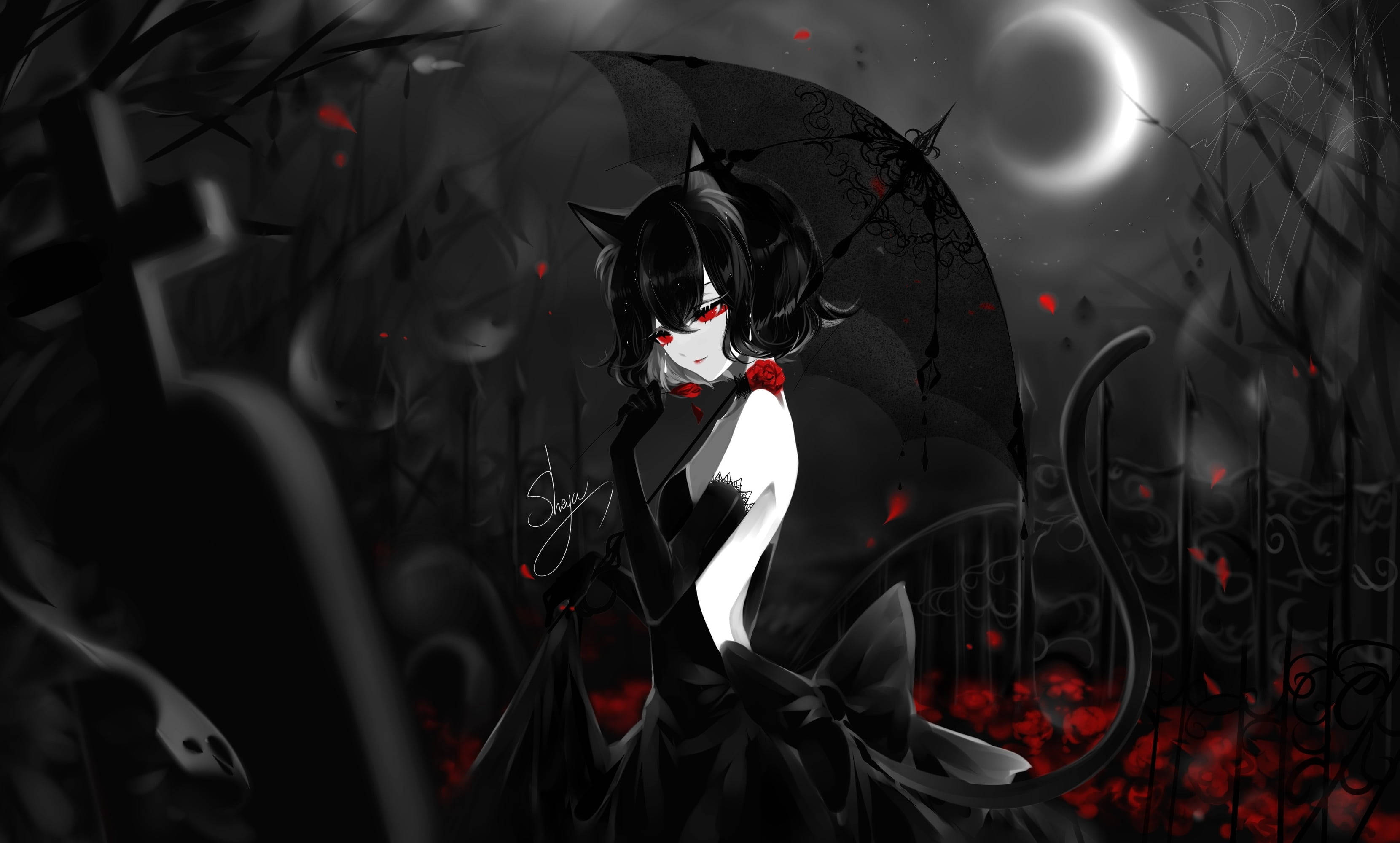かわいいアニメ猫娘の白黒PFP 壁紙
