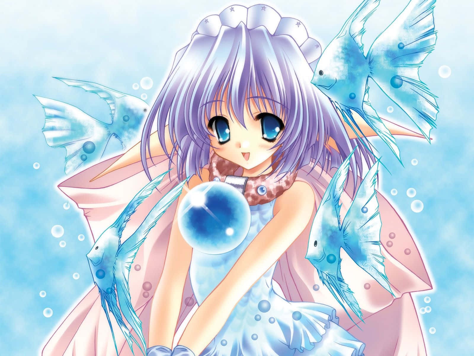 かわいいアニメ風の女の子と青い魚 壁紙