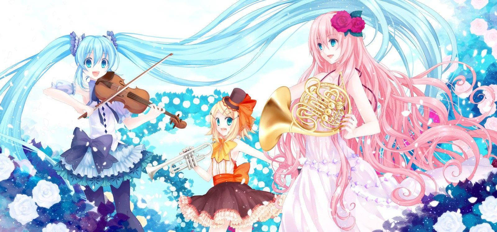 かわいいアニメ風ボーカロイドと楽器 壁紙