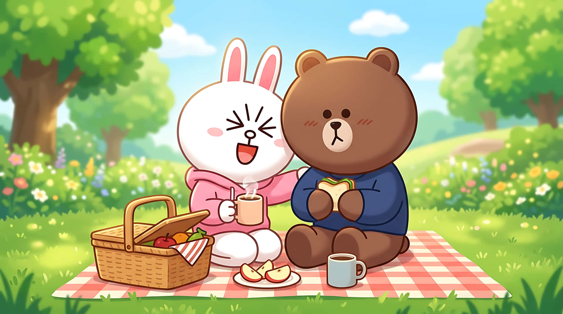 ウサギ,クマ,ピクニック,公園,アウトドア,自然,夏,友情,かわいい,カワイイ,イラスト,漫画,ライフスタイル,レジャー,食べ物,サンドイッチ,コーヒー,春,日当たり — かわいい アート GIF 壁紙