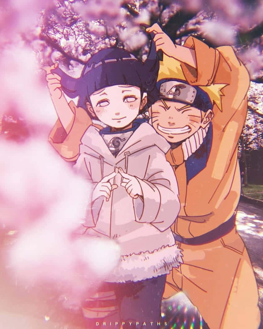 かわいいナルトとヒナタの桜公園デート 壁紙