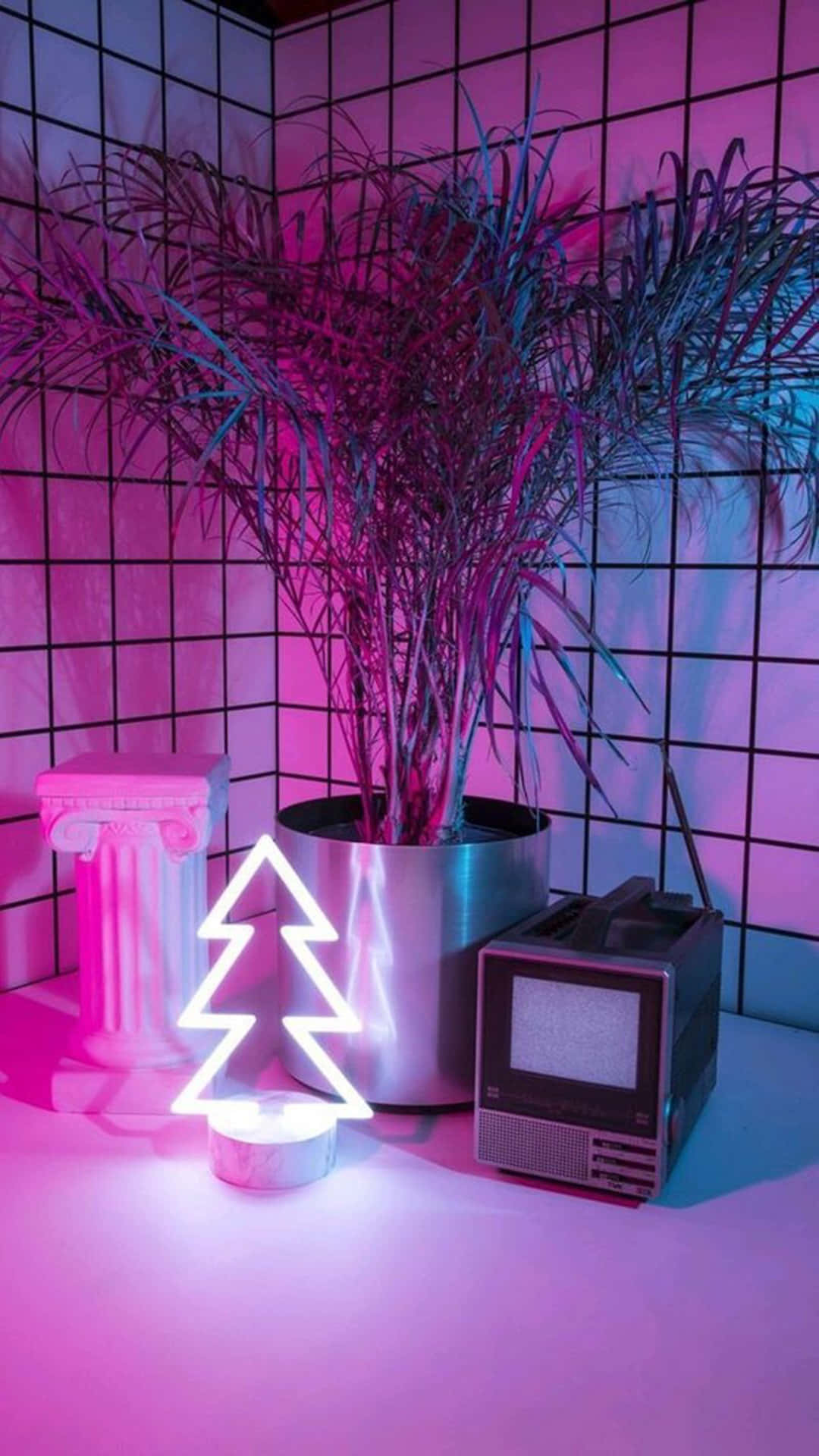 かわいいネオンピンクのクリスマスツリーランプ 壁紙
