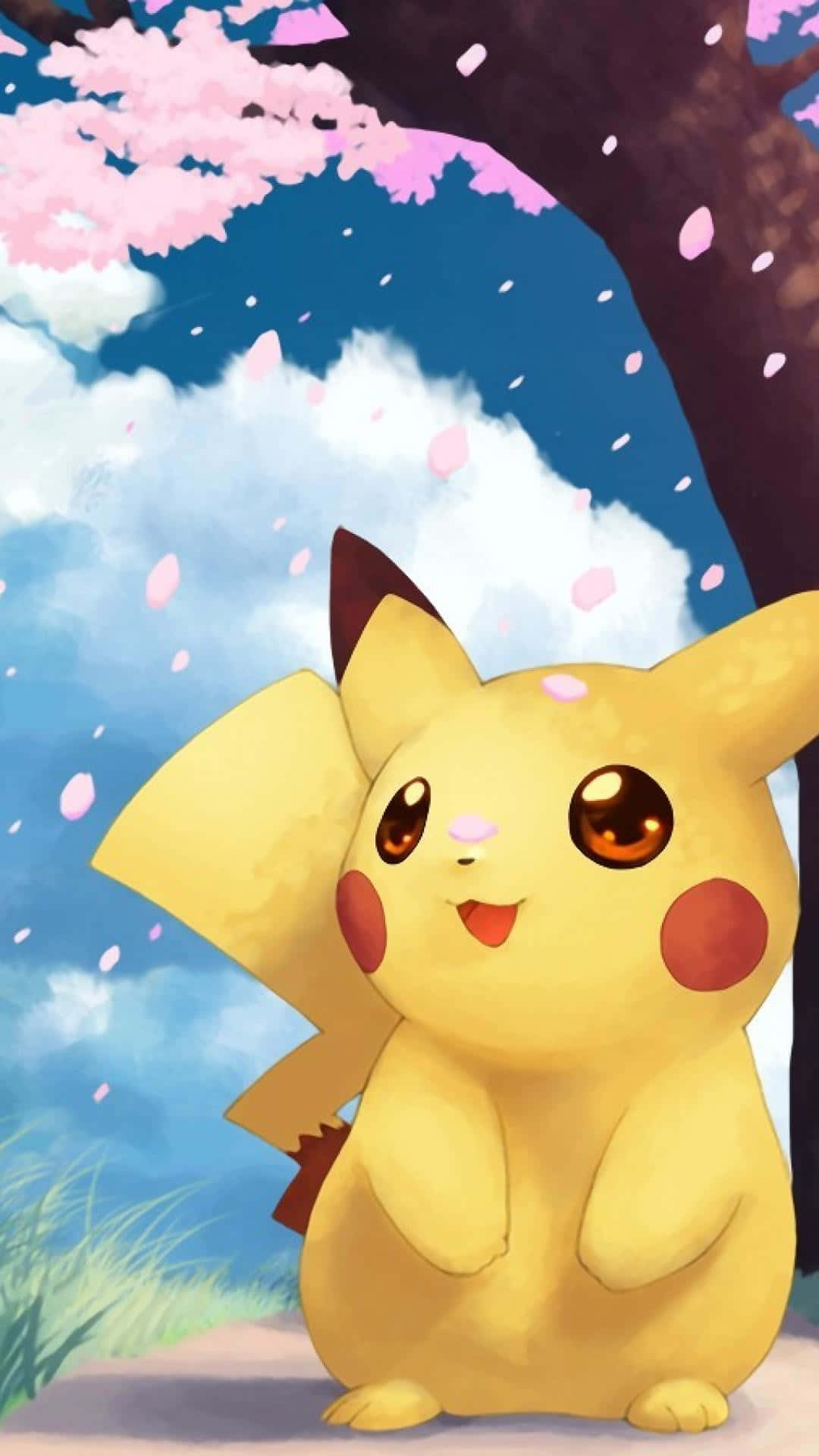 かわいいピカチュウが丸太に座っている 壁紙