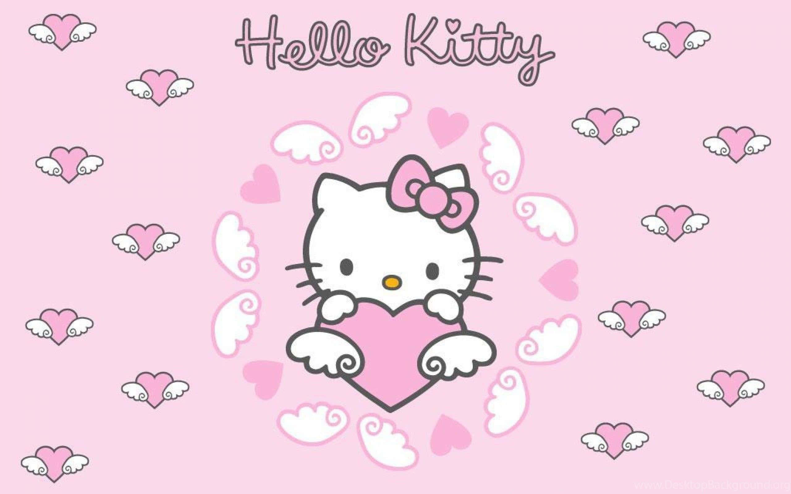 かわいいピンクのハローキティ ハートの翼 壁紙