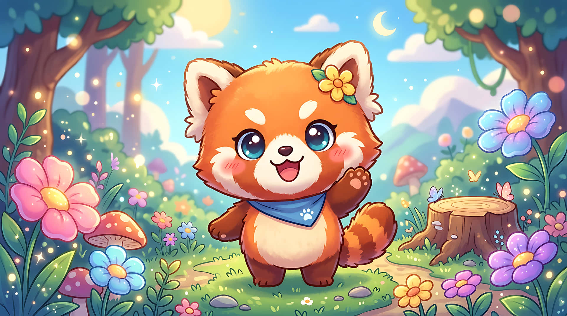かわいい、パンダ、レッサーパンダ、漫画、カワイイ、ちびキャラ、動物、キャラクター、かわいい動物、漫画の動物、愛らしい、パステル、カラフル、ファンタジー、森、自然、イラスト、美的、壁紙、4K