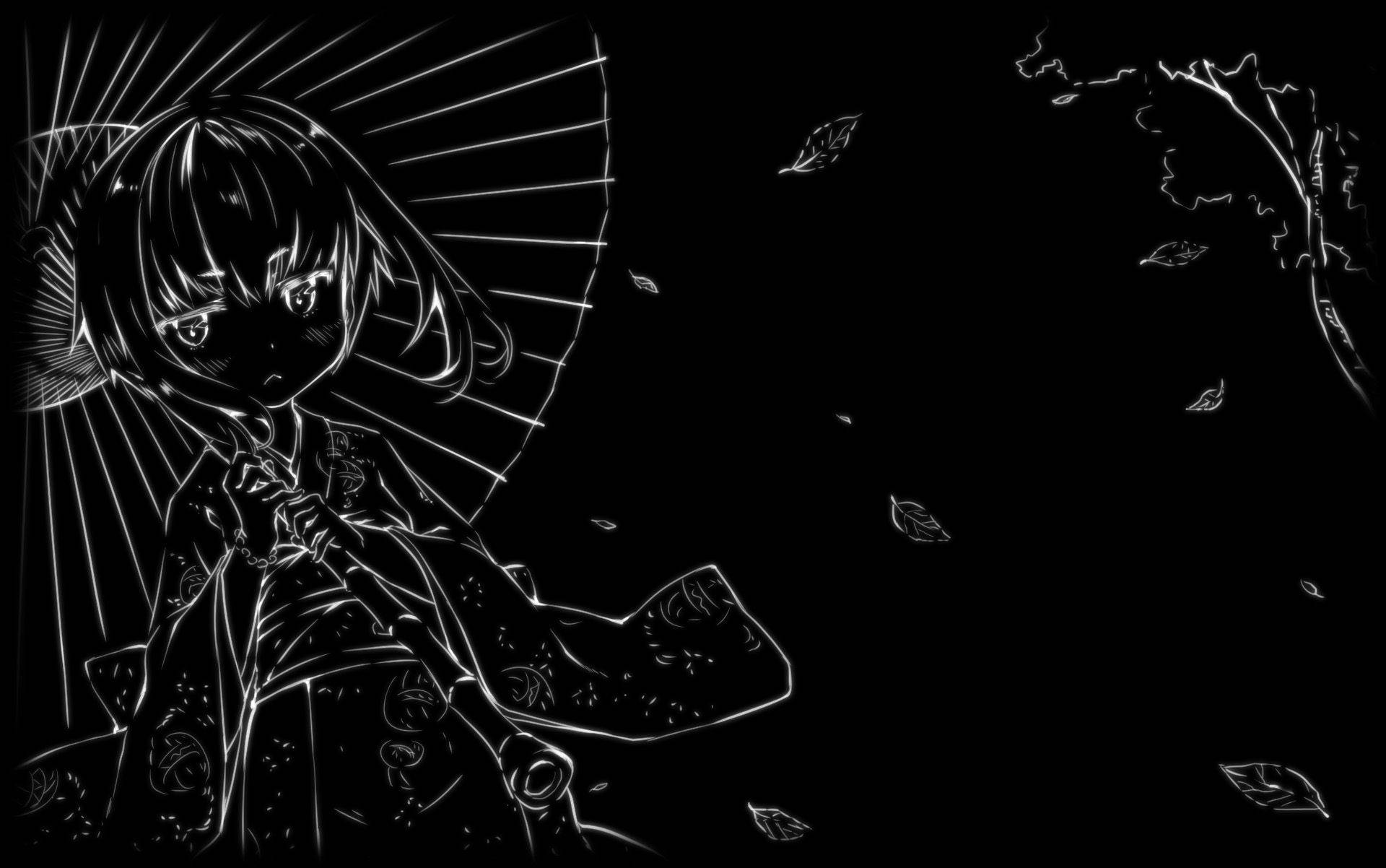 かわいい白黒アート風アニメ少女と傘 壁紙