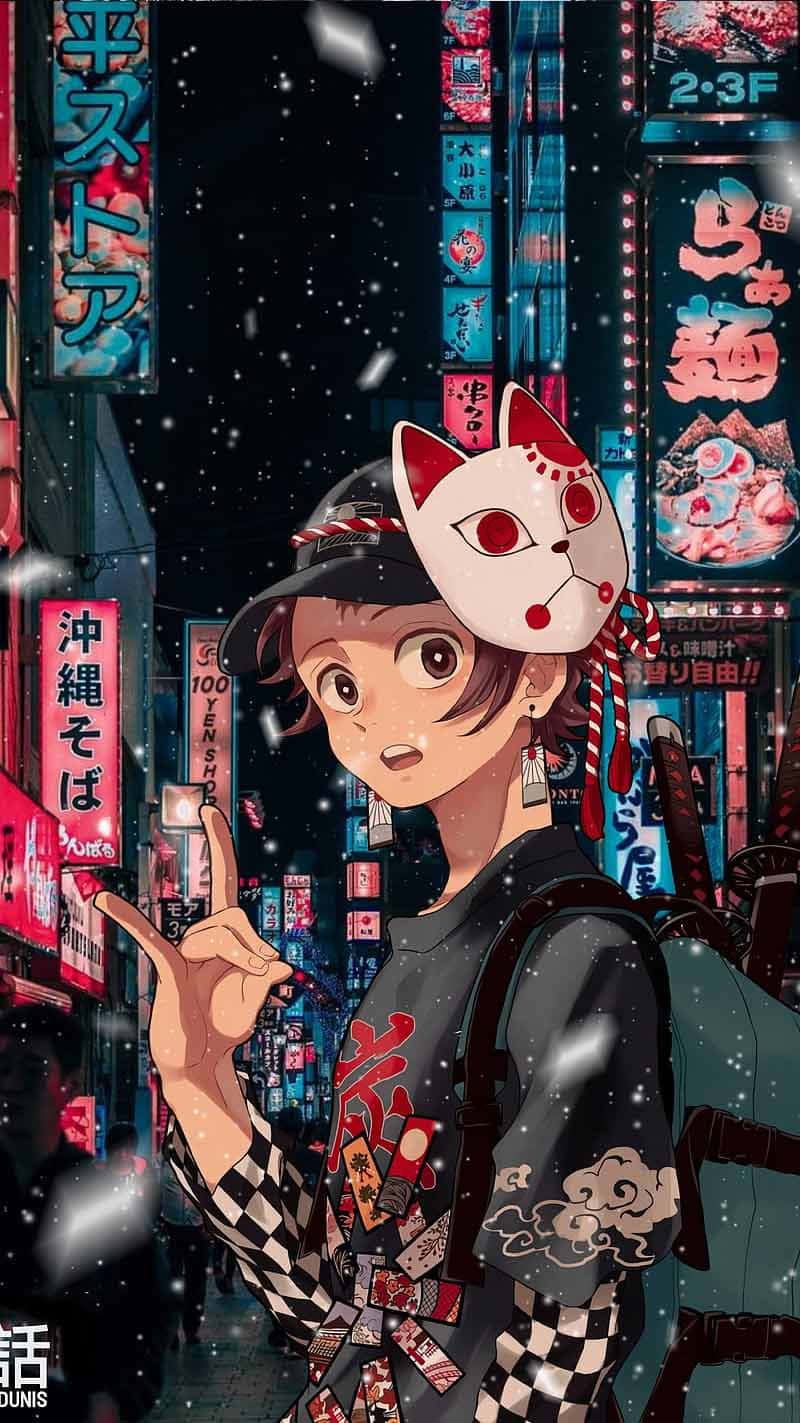 かわいい鬼滅の刃キャラクター・竈門炭治郎の都会のナイトライフ 壁紙