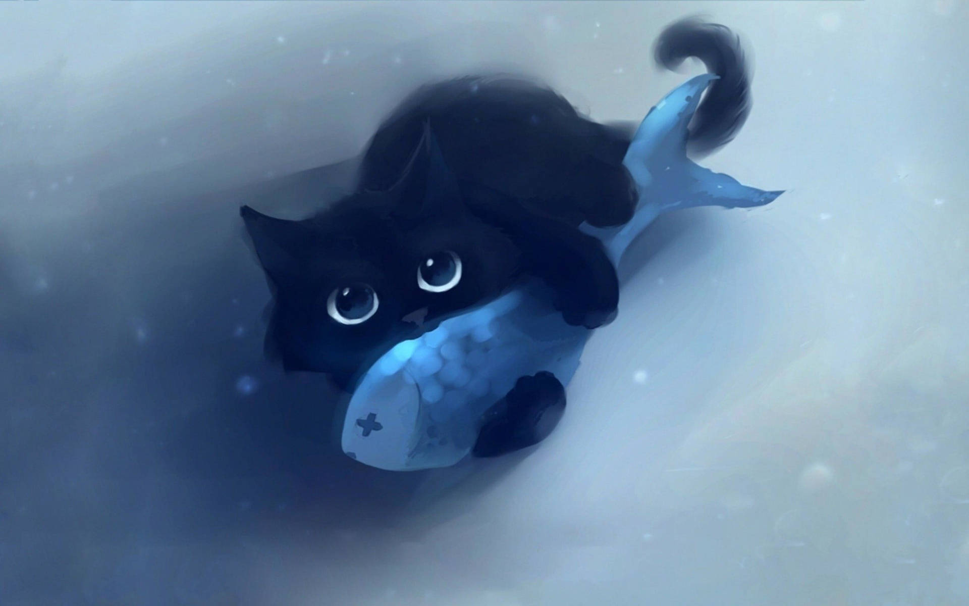 かわいい黒い子猫と魚 壁紙