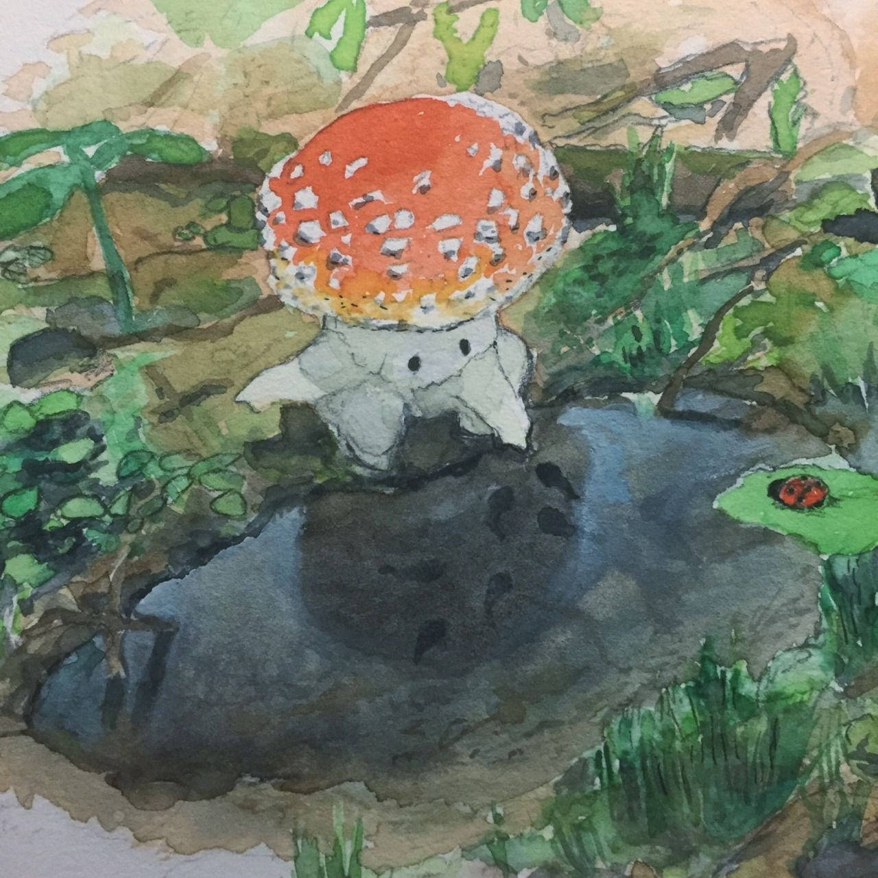 きのこキャラクターのコテージコアデスクトップ 壁紙