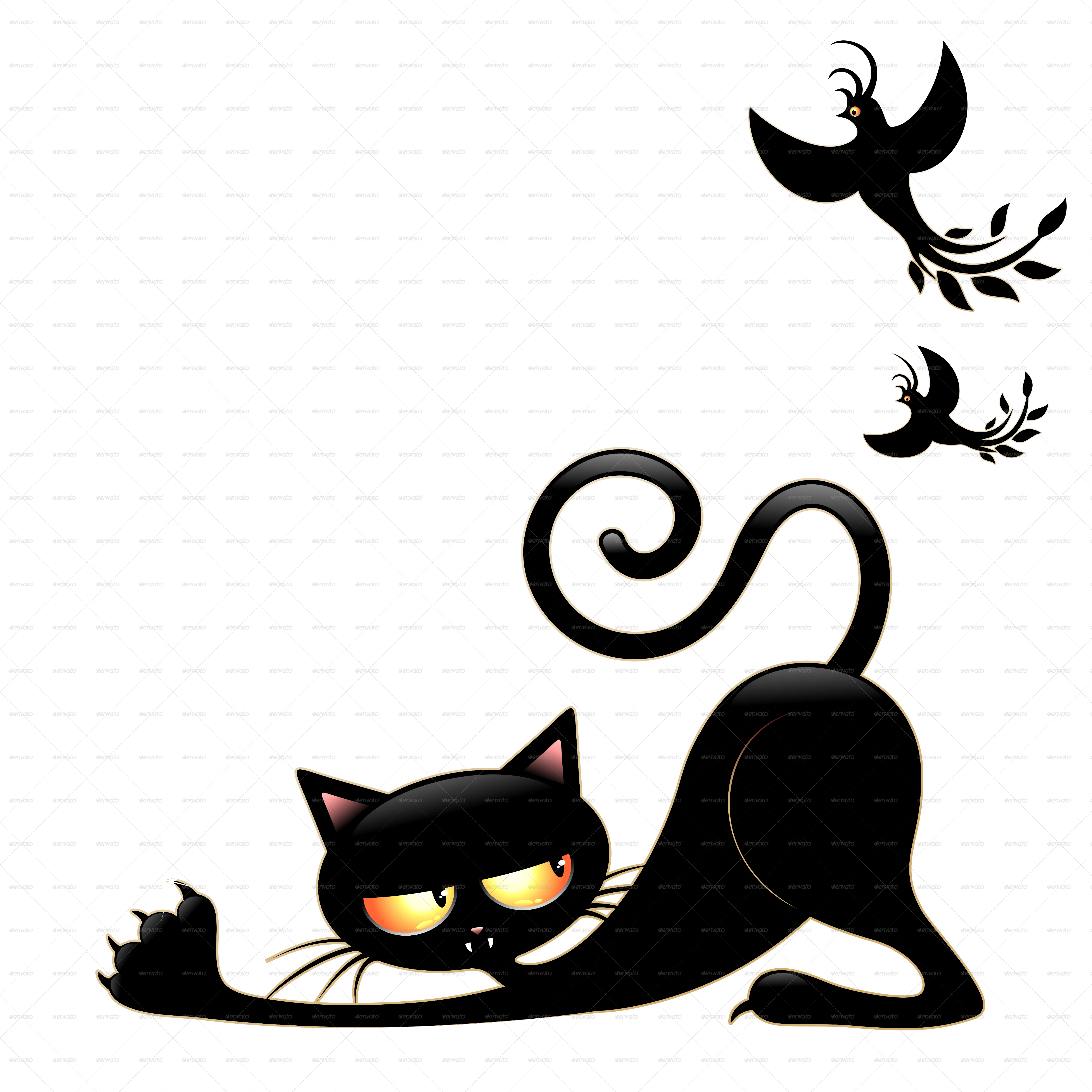 こっそり近づく黒猫と小鳥たち 壁紙