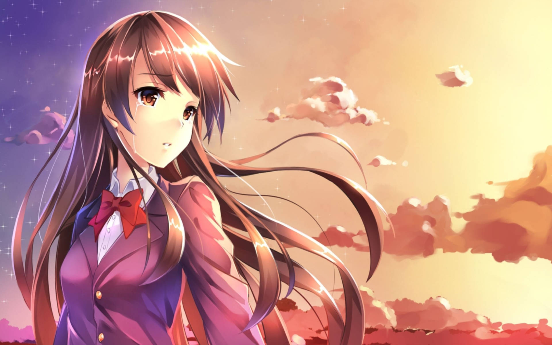 ピンクの美的夕焼け空の下で泣いているアニメ少女の壁紙