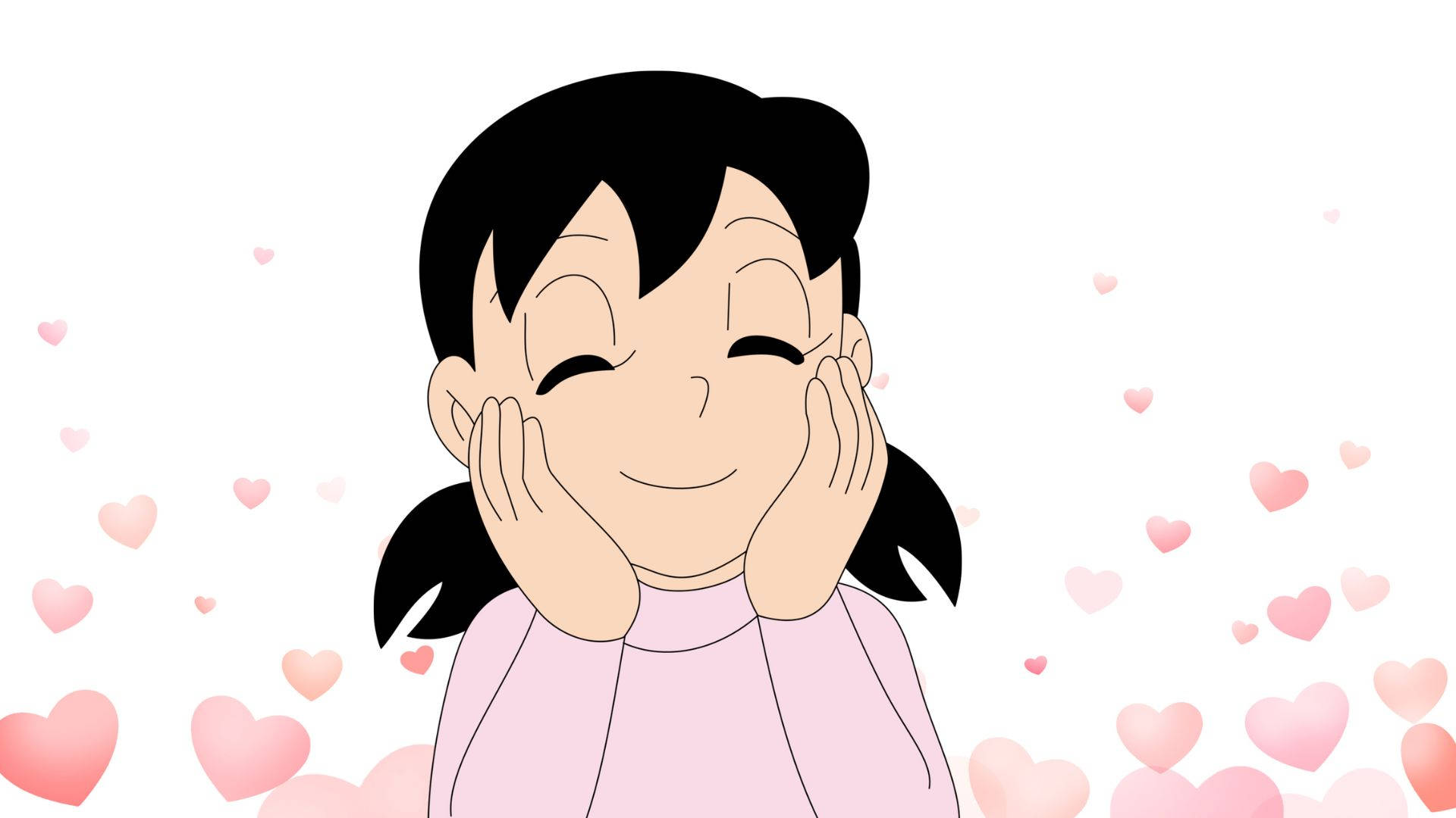 しずかちゃんがほっぺたを押さえるドラえもん 壁紙