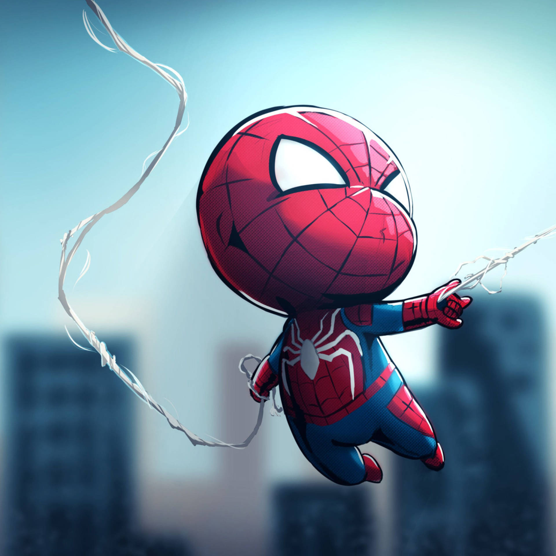 大きな頭とぽっちゃりお腹のちびスパイダーマンが、クモの糸の超能力でぶら下がりながら風船に乗っている