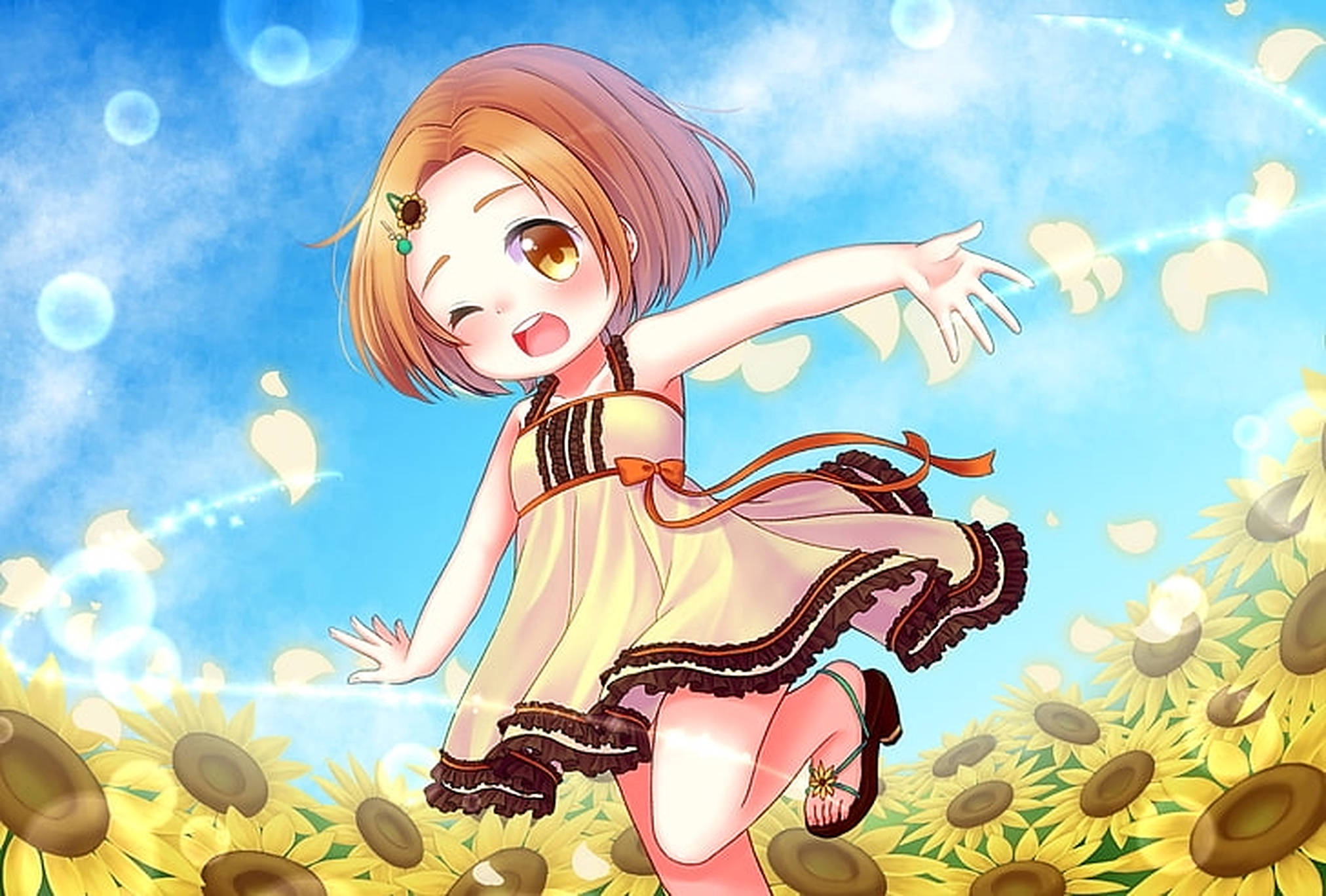 ひまわり畑のアニメの子供 壁紙