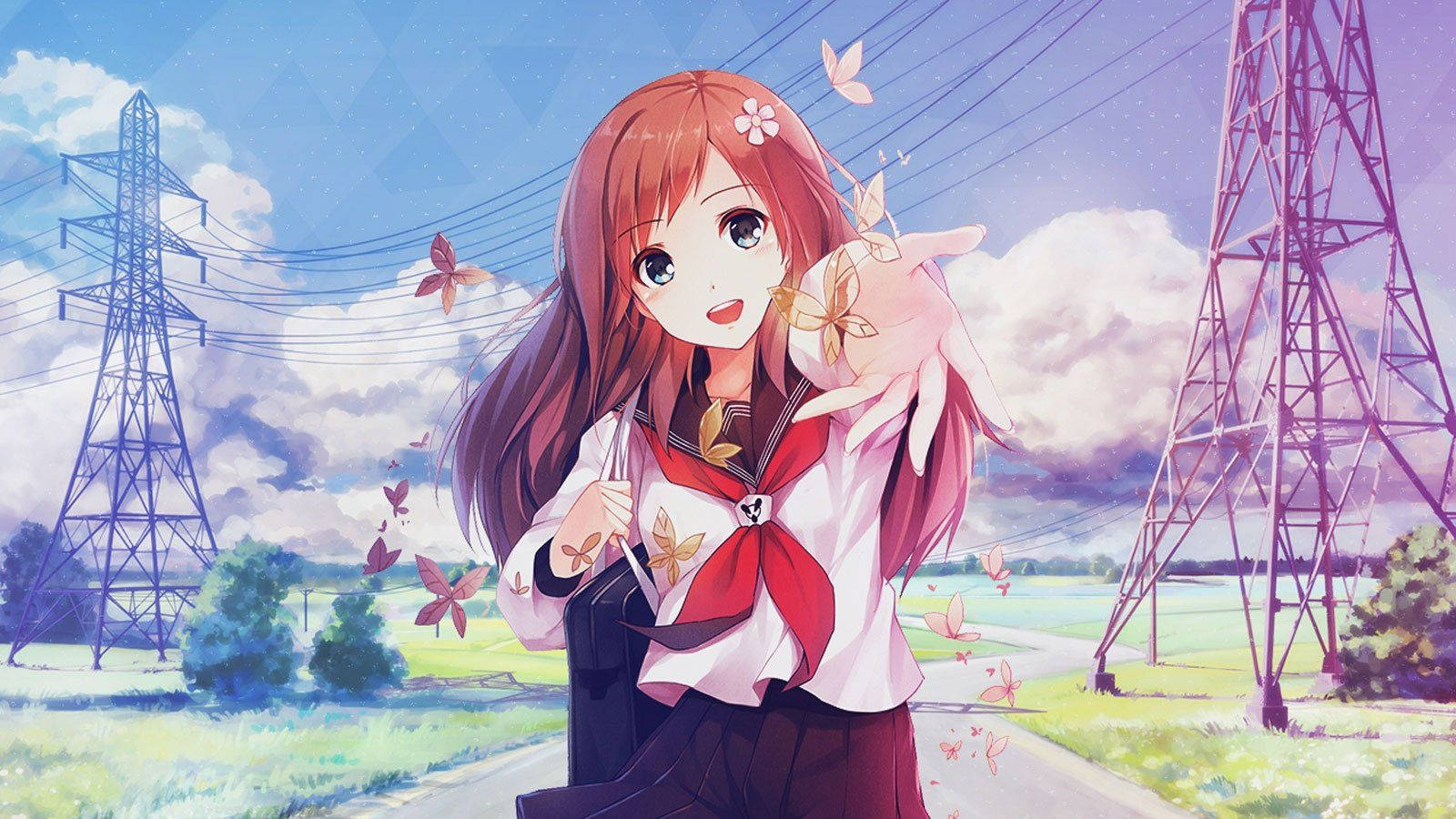 学校の制服を着たアニメ少女が手を差し伸べている壁紙