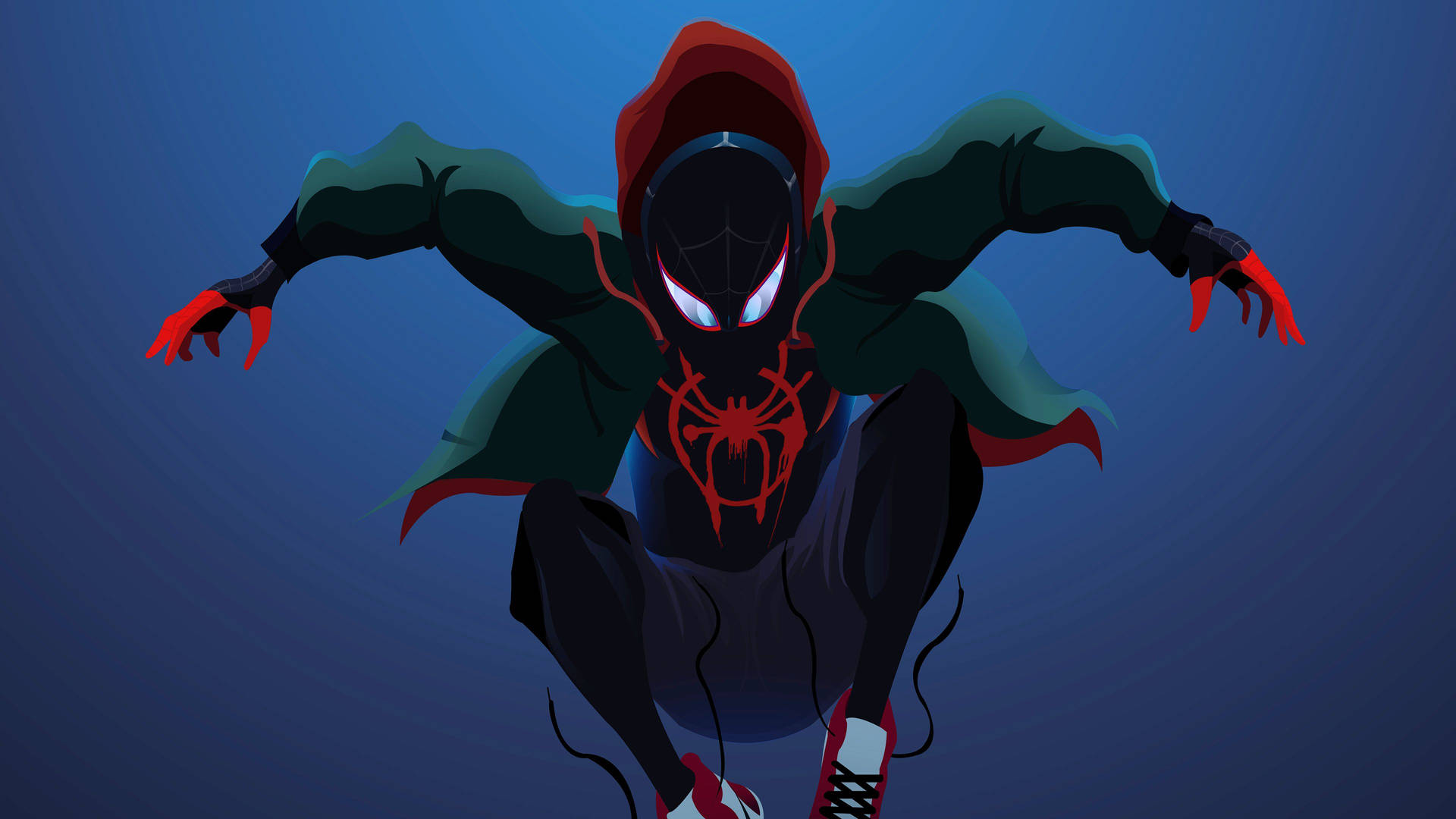 スパイダーマンがジャンプし、青い背景でジャケット、ショートパンツ、ラバーシューズを着用。