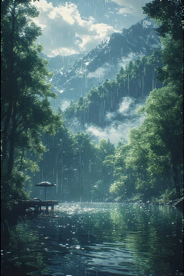 アニメ 雨の湖 緑の森 平和な自然 4K 壁紙
