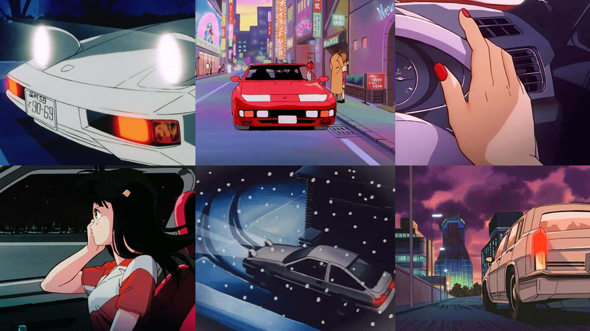 アニメのコラージュ、車と女性の画像 壁紙
