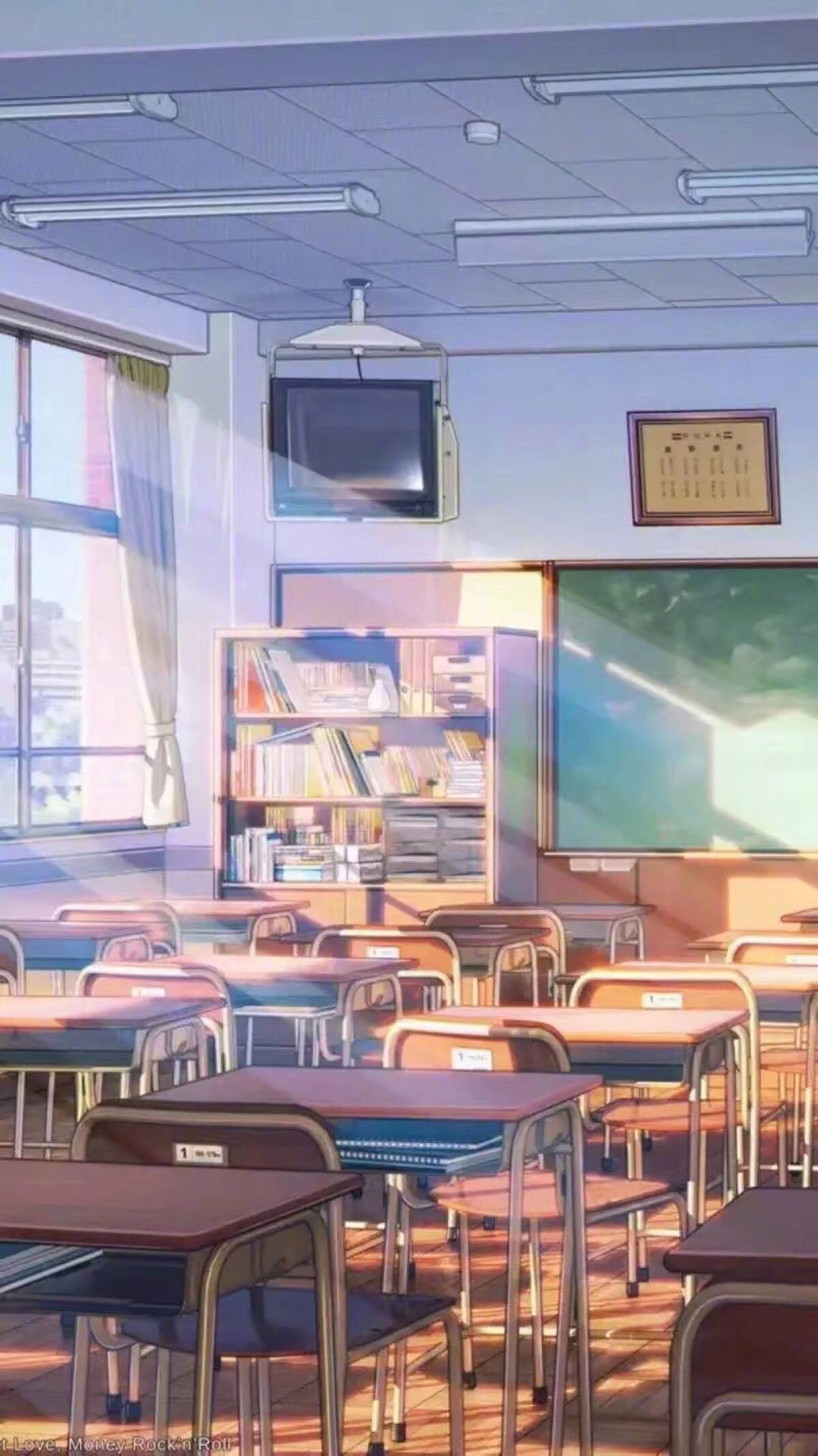 アニメの学校風景 テレビのある教室 壁紙