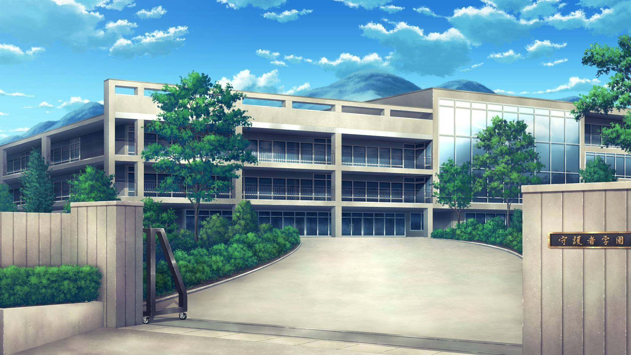 アニメの学校風景 坂道の校門 壁紙